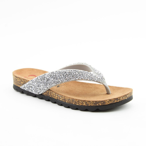 Silver glitter thong sandal with a cork footbed and textured black sole on a white background.