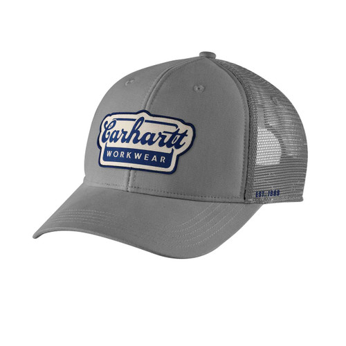 Steel grey Carhartt mesh-back cap with curved peak and Carhartt Workwear script patch on the front panel.
