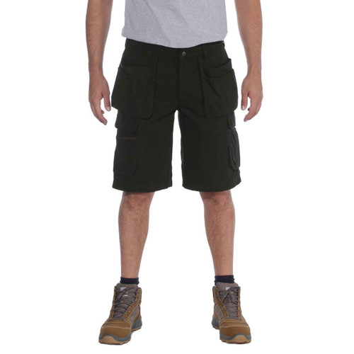 Model wearing black ripstop cargo work shorts with multiple utility pockets, front view.
