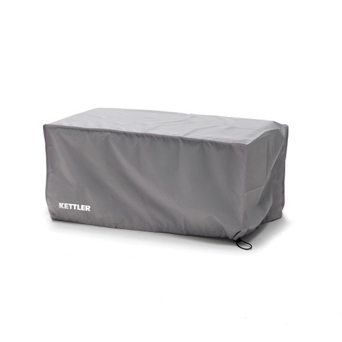 Grey protective cover designed to fit a square corner garden bench, with securing straps at the base.