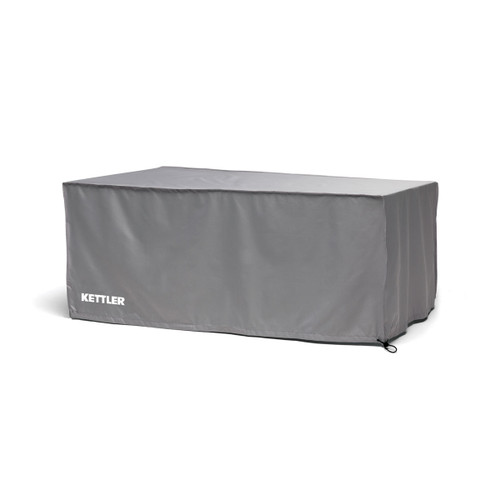 Grey protective cover designed to fit a rectangular garden dining table, with securing straps at the base.