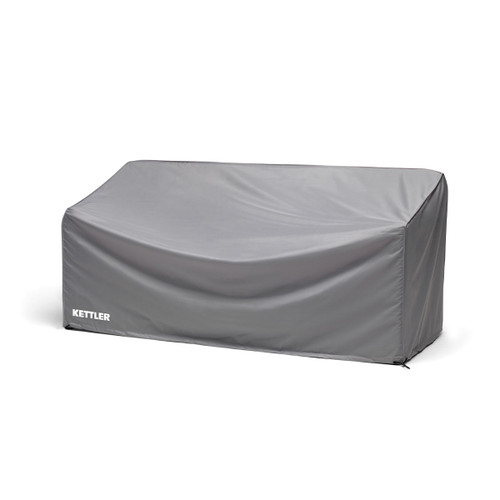 Grey protective cover designed to fit a three-seat garden sofa, with a shaped fit for outdoor seating.