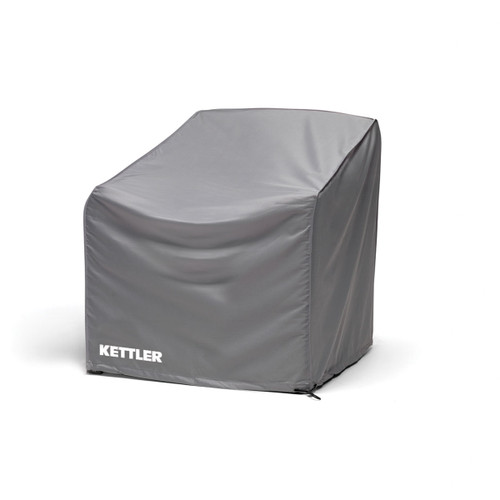 Grey protective cover designed to fit a garden lounge armchair, with a shaped fit for outdoor seating.