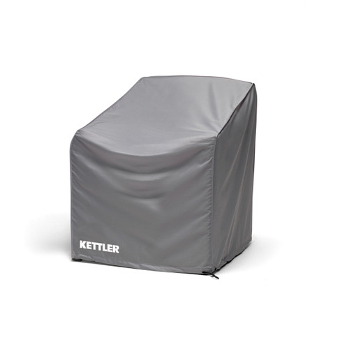 Grey protective cover designed to fit a garden lounge armchair, with a shaped fit for outdoor seating.