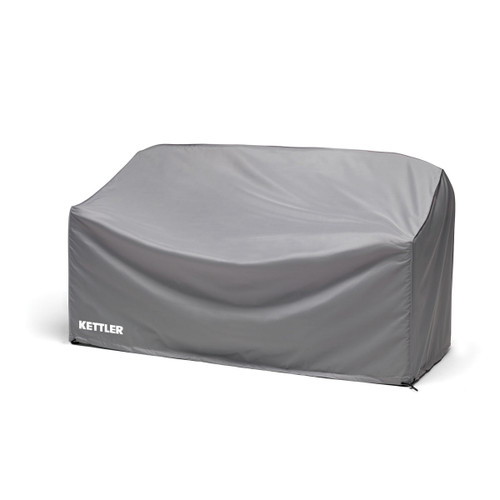 Grey protective cover designed to fit a two-seat garden sofa, with a contoured shape for outdoor seating.