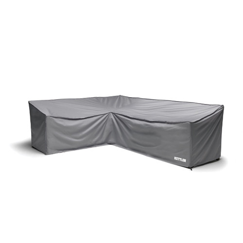 Grey protective cover designed to fit a corner garden sofa, shaped to cover L-shaped seating.