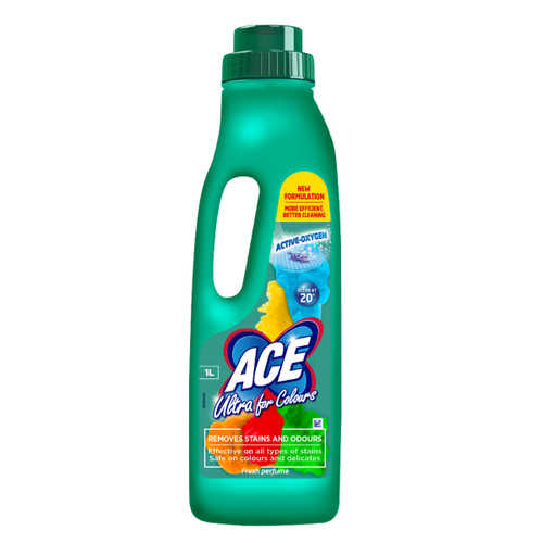 Green bottle of Ace Ultra for Colours detergent. Label highlights stain and odour removal, safe on colours. Texts emphasize new formulation and active oxygen.