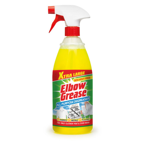 Bright yellow spray bottle labelled "Elbow Grease All Purpose Degreaser" with red and green accents, suitable for fabrics, metals, and plastics.