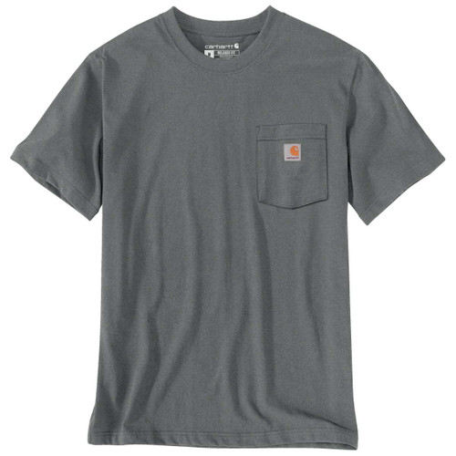 Front view of Carhartt ash heather short-sleeve T-shirt with crew neck, chest pocket and Carhartt label.