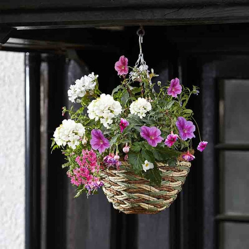 A round woven hanging basket filled with white and purple flowering plants, suspended by a metal chain in front of a dark wooden exterior.
