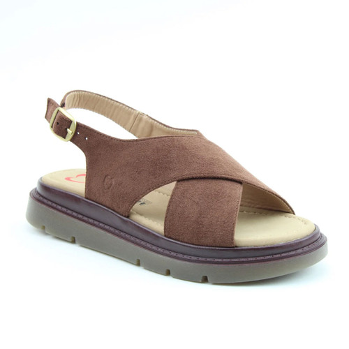 Brown crossover sandal with a slingback strap, cushioned footbed, and chunky dark sole on a white background.