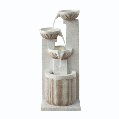 Contemporary tiered stone-effect water feature with three cascading bowls and a textured base.