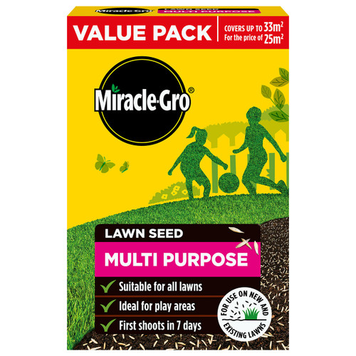 Bright yellow box of Miracle-Gro lawn seed with green grass graphics. Features children playing, labelled "Multi Purpose," emphasizes lawn suitability.