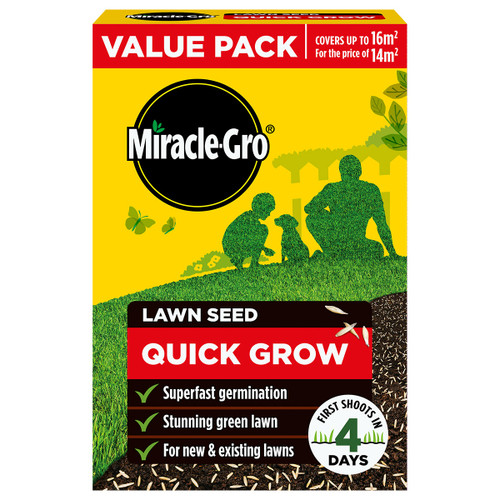 Yellow Miracle-Gro lawn seed package labelled "Quick Grow" featuring a silhouette of a family on grass, advertising fast germination and lush lawns.