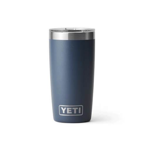 YETI Rambler 10 oz tumbler in navy, front view with stainless steel rim and YETI logo