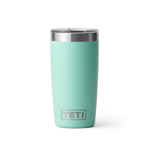 YETI Rambler 10 oz tumbler in seafoam, front view with stainless steel rim and YETI logo