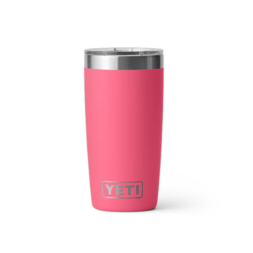 Tropical pink YETI Rambler tumbler, front view with stainless steel rim and YETI logo.