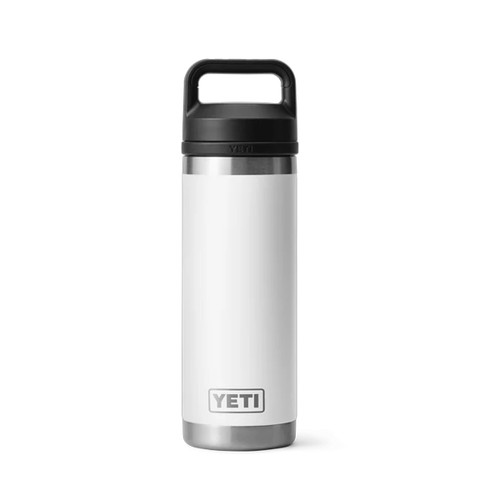 White YETI Rambler 18 oz bottle with black chug cap, shown upright on a white background.