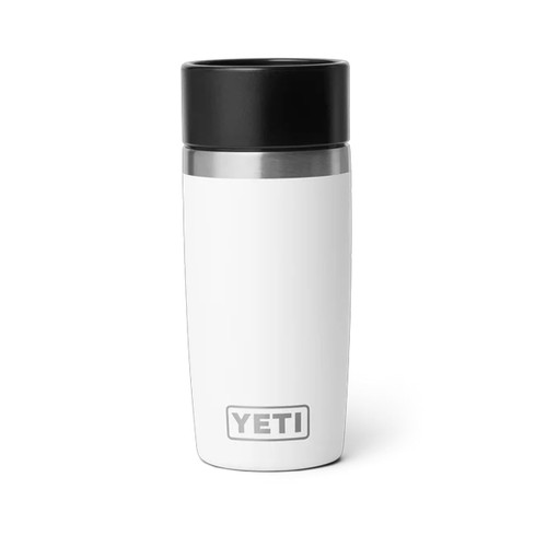White YETI Rambler 12 oz travel bottle with black cup-style lid, shown upright on a white background.