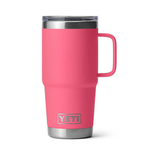 Pink YETI Rambler 20 oz travel mug with handle and clear lid, shown upright on a white background.
