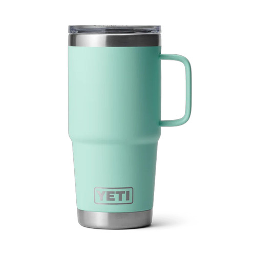 Seafoam green YETI Rambler 20 oz travel mug with handle and clear lid, shown upright on a white background.