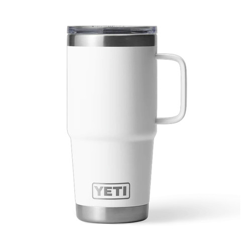White YETI Rambler 20 oz travel mug with handle and clear lid, shown upright with the logo facing forward on a white background.