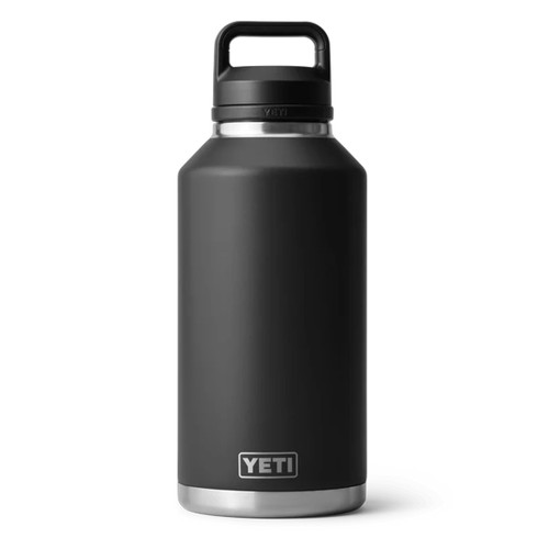 Black YETI Rambler 64 oz bottle with chug cap and carry handle, shown upright on a white background.