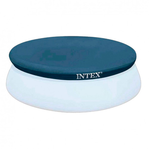 Intex round pool cover with dark blue top on transparent inflatable pool frame