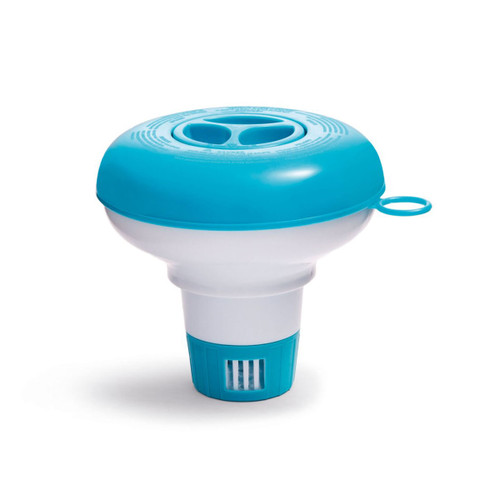 Intex floating pool chemical dispenser in blue and white on a white background