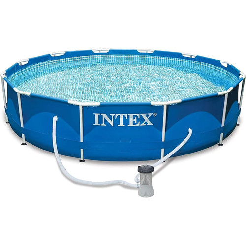 Intex round above ground frame pool with family playing in water on white background