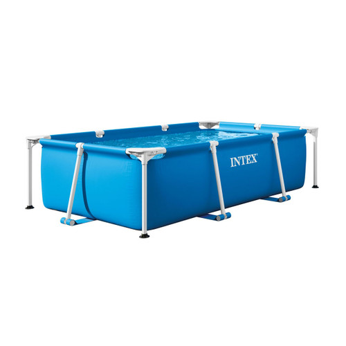 Intex rectangular above ground frame pool filled with water on a white background