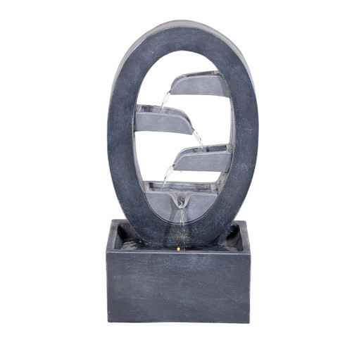 Dark grey oval ring water feature with three cascading spouts flowing into a square base, on a plain white background.