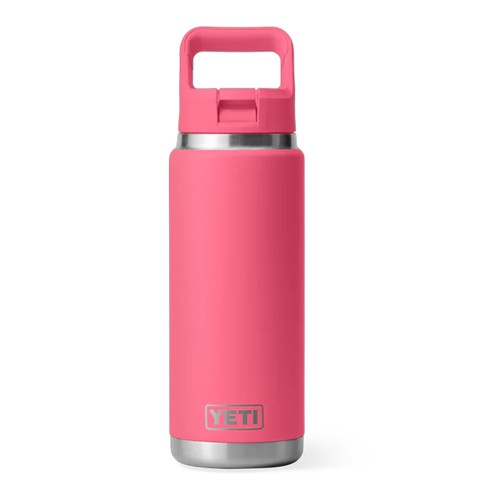 Pink YETI Rambler 26 oz straw bottle standing upright with a matching flip-up straw lid on a white background.