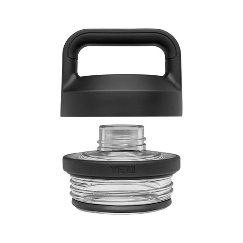 YETI Rambler chug cap shown disassembled with the handle lid separated from the clear spout base on a white background.