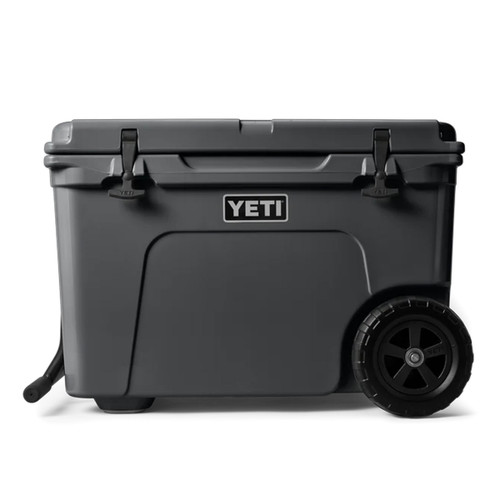 Charcoal gray YETI Tundra Haul wheeled cooler, side view showing wheels.