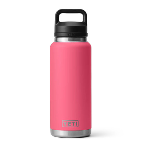 Pink YETI Rambler 36 oz insulated bottle with black chug cap, front view.