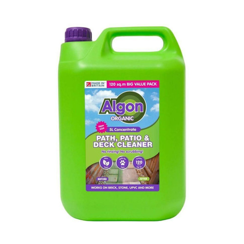 Front view of a green 5-litre Algon Organic Path, Patio & Deck Cleaner container with purple cap, showing the product label and usage details.