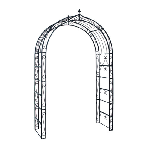 Black steel garden arch with decorative scrollwork and a rounded top, shown on a white background.