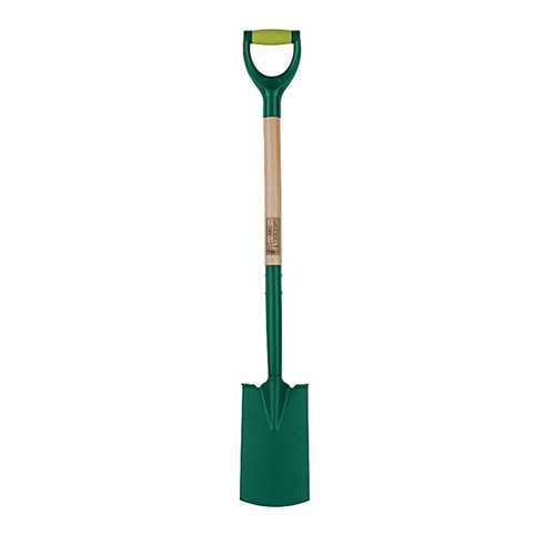 Green and wooden garden spade with a D-shaped handle, featuring a pointed metal blade. The design is simple, functional, and sturdy.