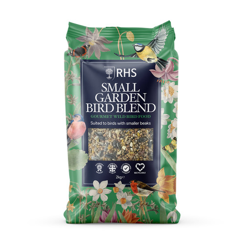 RHS “Small Garden Bird Blend” gourmet wild bird food in a green 2kg bag with illustrated flowers and birds, featuring a clear window showing the seed mix and the text “Suited to birds with smaller beaks.”