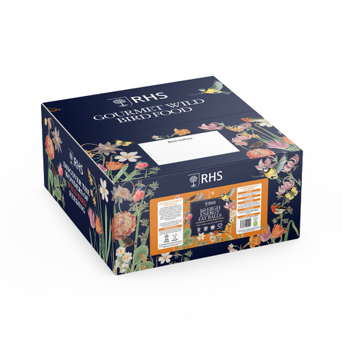 RHS Gourmet Wild Bird Food “160 High Energy Fat Balls” in a large illustrated cardboard box with a dark blue floral design and product label on the side.
