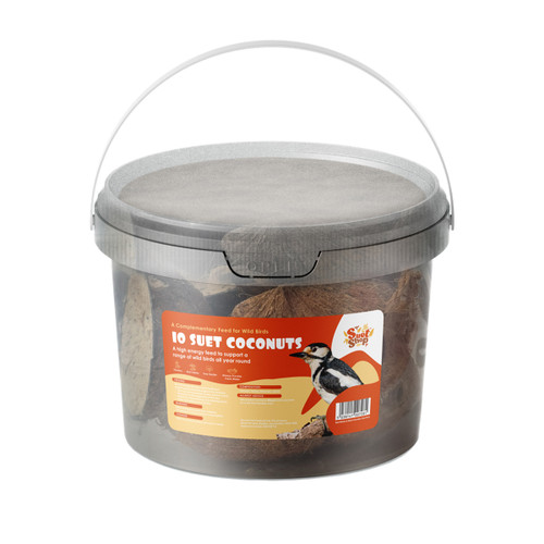 A clear plastic tub with a grey lid and carry handle containing 10 suet coconut halves, featuring an orange Suet Shop label with a bird illustration on the front.
