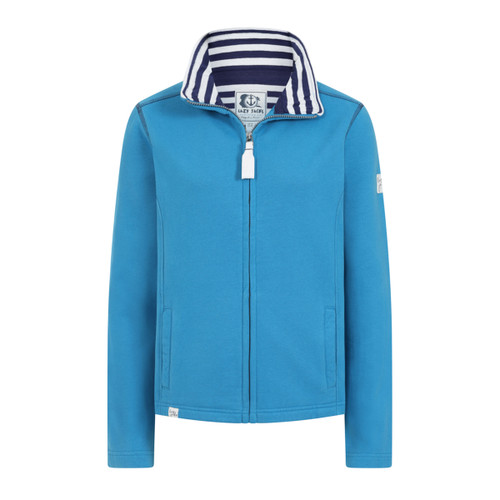Turquoise zip-up sweatshirt with long sleeves, high collar, striped inner collar and two front pockets.