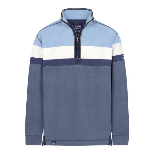 Colour block quarter-zip sweatshirt in light blue, white and navy with long sleeves and high collar.