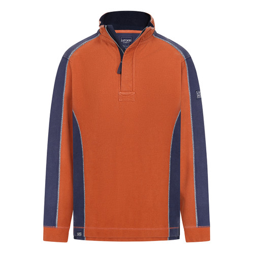 Orange quarter-zip sweatshirt with contrast navy side panels and white stitched detailing, featuring a high collar and long sleeves.