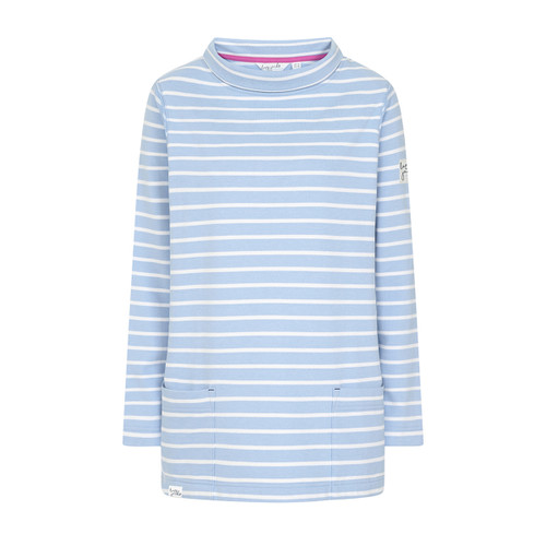 Light blue and white striped roll neck sweatshirt with long sleeves and two front patch pockets.
