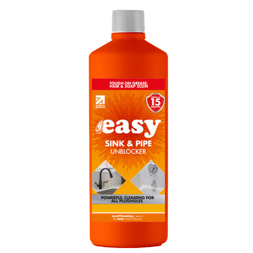 Orange bottle of "Easy Sink & Pipe Unblocker" with bold white text. Claims work in 15 minutes, tough on grease, hair, and soap scum. Images of taps.