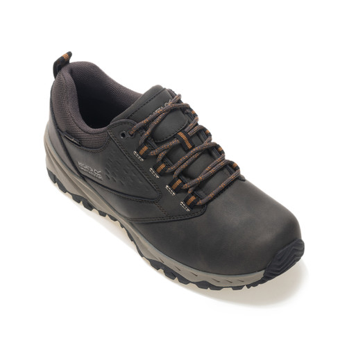Angled top view of the dark brown Regatta walking shoe with brown and black laces and cushioned collar.