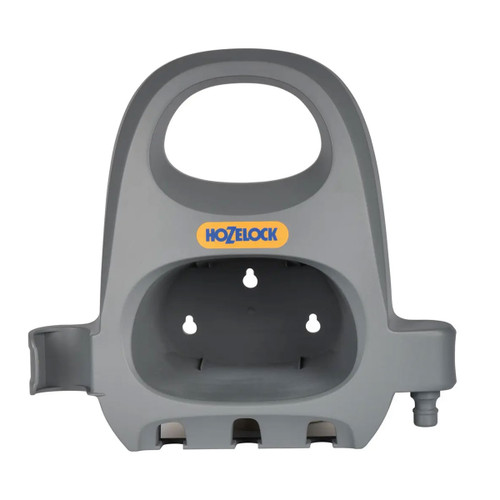 Grey plastic hose holder with a large top handle and drainage slots. The brand logo is in blue and yellow. Its simple design is practical and functional.
