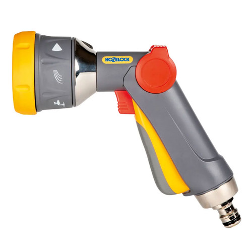A grey and yellow garden hose spray nozzle with adjustable settings and a red trigger. The design is ergonomic, conveying functionality and ease of use.